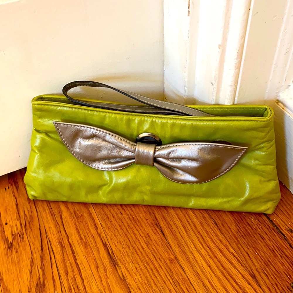 Cute green leather clutch with detachable bow